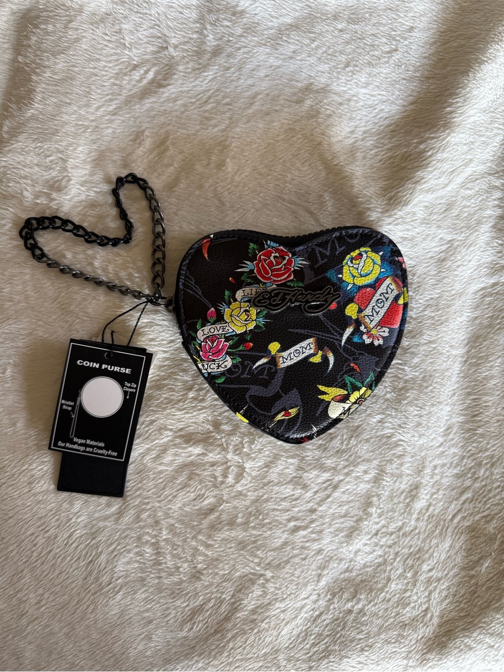 ED HARDY  MOTHERS DAY COIN PURSE ZIP AROUND HEART WRISTLET MOM Black W Roses 🖤